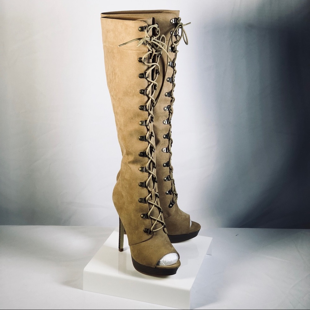 Tan, open toe, lace up boots!
